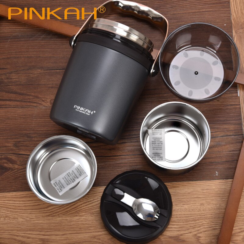 New Pinkah 1.6L Large Capacity 3-Layer Vacuum Insulated Bento Box Household Food Insulation Tank 304 Stainless Steel Lunch Box
