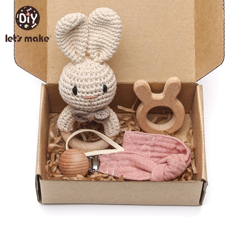 Let's Make 1set Baby Stuff Bath Towel Cotton Blanket Brush Gift Products For Kids Toy Crochet Rattle Box Christmas Present Gift