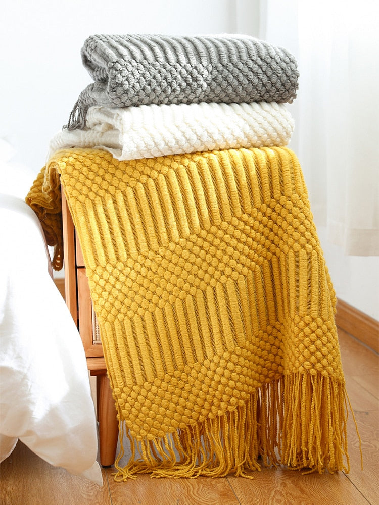 3D Knitted Blanket With Tassel Solid Color Sofa Blanket Cover Nordic Home Decor Throw Blanket For Bed Portable Breathable Shawl