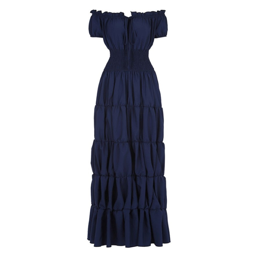Women Medieval Renaissance Dress Boho Petticoat Short Sleeves Off Shoulder Smocked Waist Retro Pleated Long Dress Costume