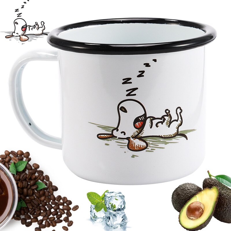 Free Shipping 350ml Enamel Coffee Mug Creative Animal Plant Breakfast Cup Black Roll Rim with Handgrip Milk Tea Cup