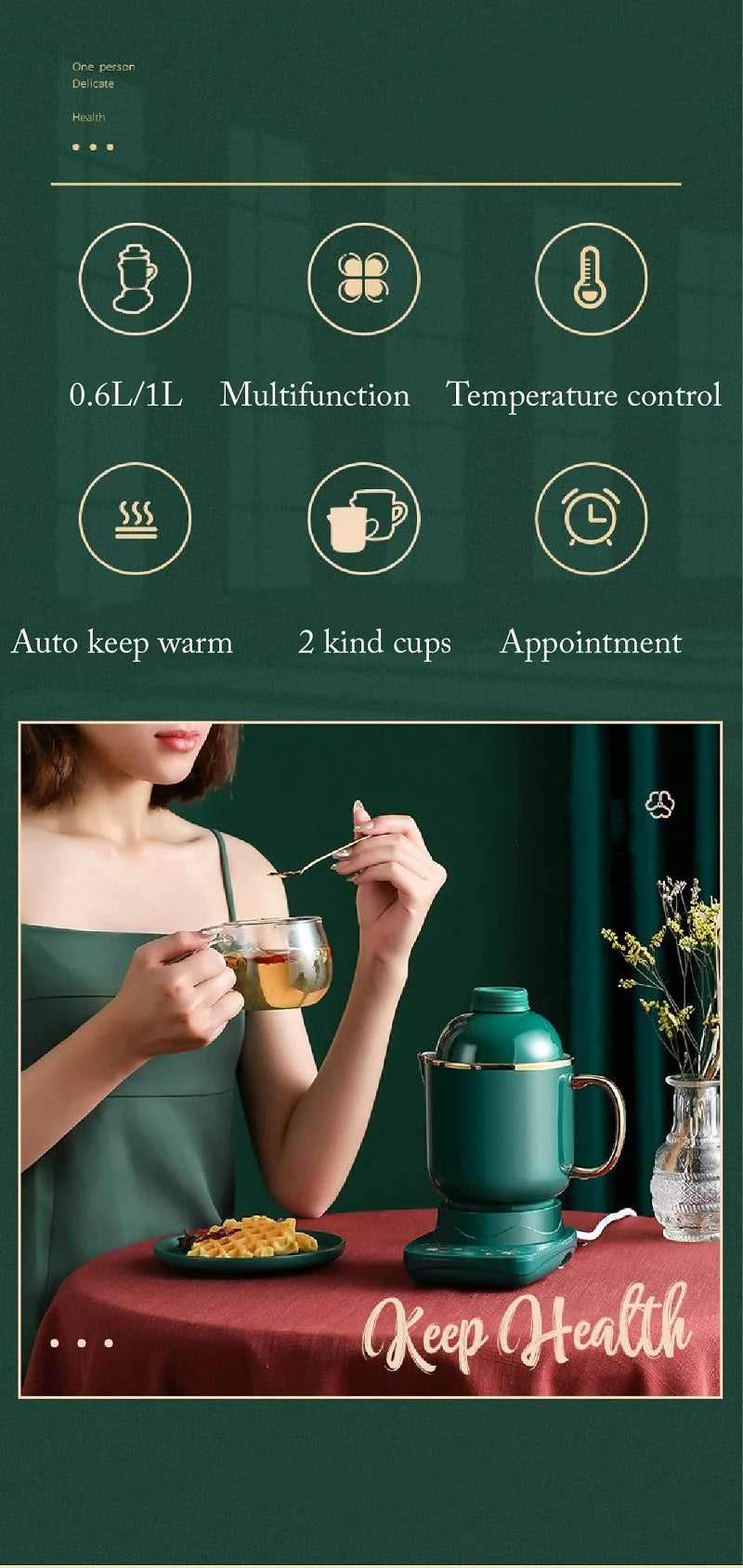 110V/220V Health Cup Home Electric Kettle Heating Cup Office Tea Maker 9.5h Appointment Electric Stew Cup Auto Keep Warm 600ml