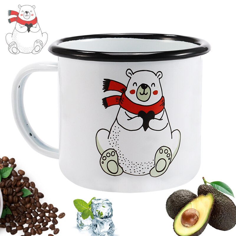 Free Shipping 350ml Enamel Coffee Mug Creative Animal Plant Breakfast Cup Black Roll Rim with Handgrip Milk Tea Cup