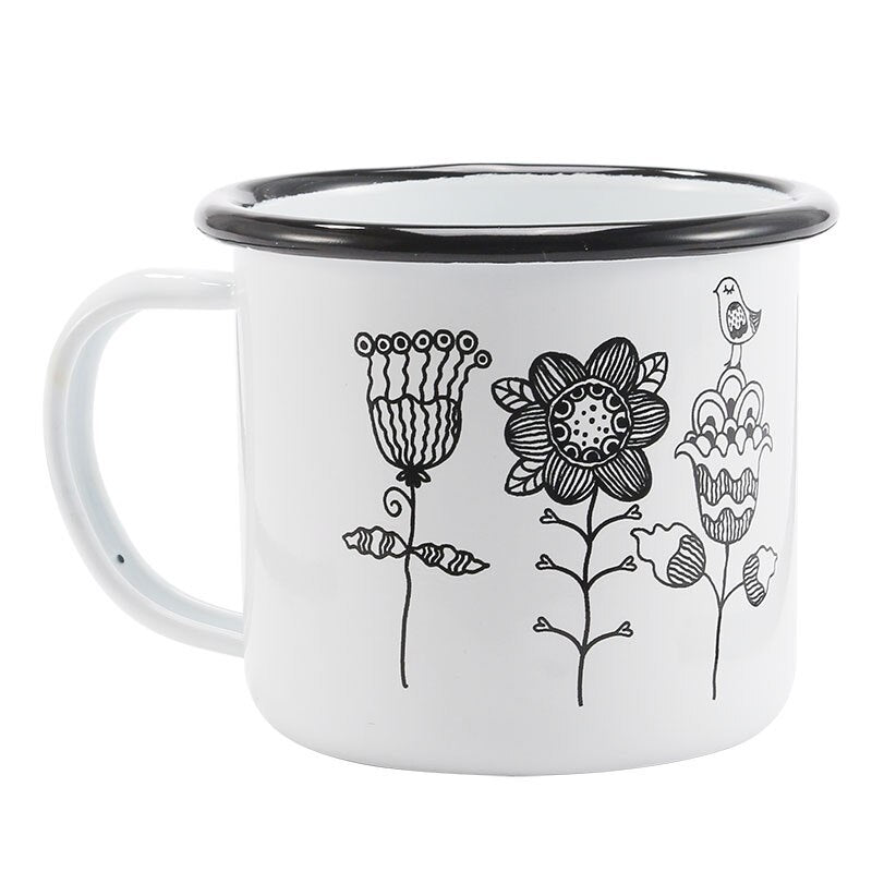 Free Shipping 350ml Enamel Coffee Mug Creative Animal Plant Breakfast Cup Black Roll Rim with Handgrip Milk Tea Cup