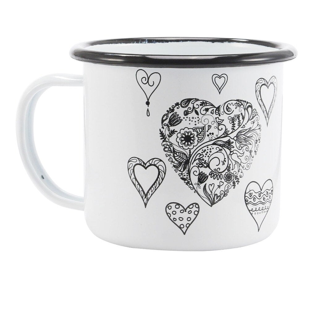 Free Shipping 350ml Enamel Coffee Mug Creative Animal Plant Breakfast Cup Black Roll Rim with Handgrip Milk Tea Cup