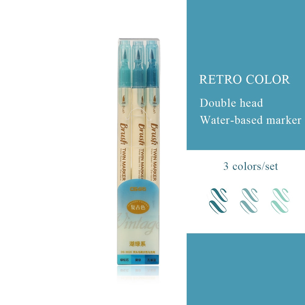 JIANWU 3pcs/set Retro Double Headed Brush Pen Creative Art Marker Pen for Drawing Painting Watercolor School Supplies Stationery