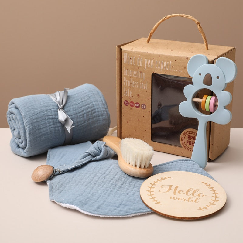 Let's Make 1set Baby Stuff Bath Towel Cotton Blanket Brush Gift Products For Kids Toy Crochet Rattle Box Christmas Present Gift