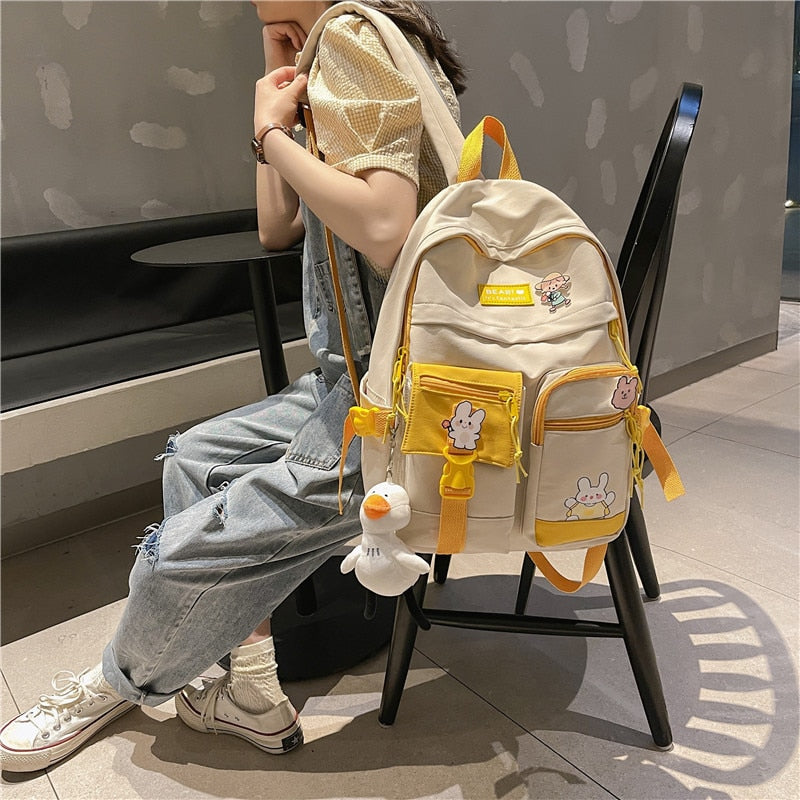 2021 New Badge Buckle Backpack Women Waterproof Color Patchwork Backpacks For Teenage Girl School Bag Fancy Student Book Bag