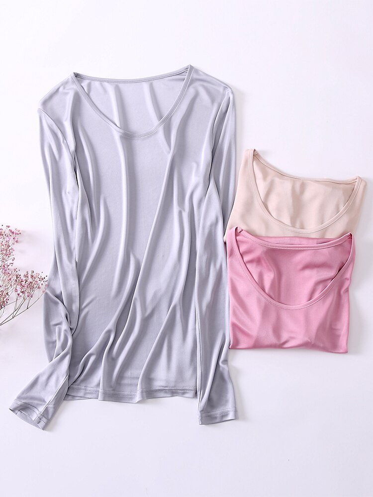 SuyaDream Women Basic Shirt Real Silk T shirts Solid Long sleeved O neck Healthy TOP 2021 Autumn Winter Wine