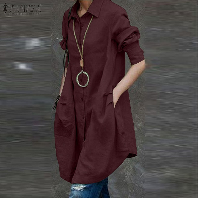 Women's Irregular Blouse ZANZEA 2023 Fashion Solid Shirts Casual Long Sleeve Blusas Female Button Pleated Tunic Tops Oversized