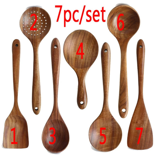 1-7pcs/set Teak natural wood tableware spoons