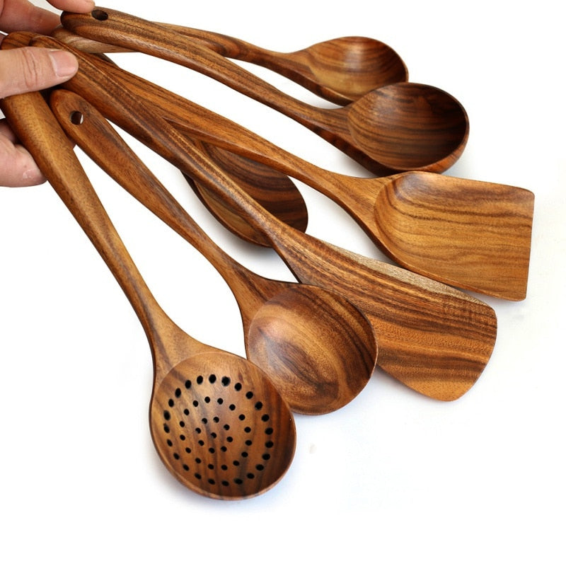1-7pcs/set Teak natural wood tableware spoons