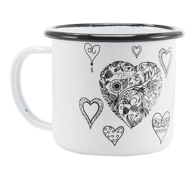 Free Shipping 350ml Enamel Coffee Mug Creative Animal Plant Breakfast Cup Black Roll Rim with Handgrip Milk Tea Cup