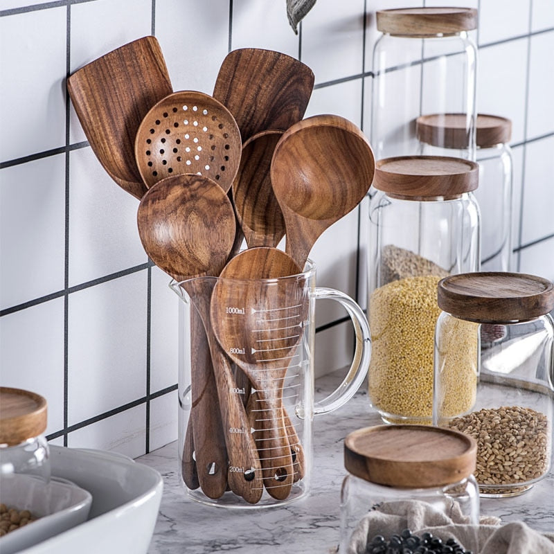 1-7pcs/set Teak natural wood tableware spoons