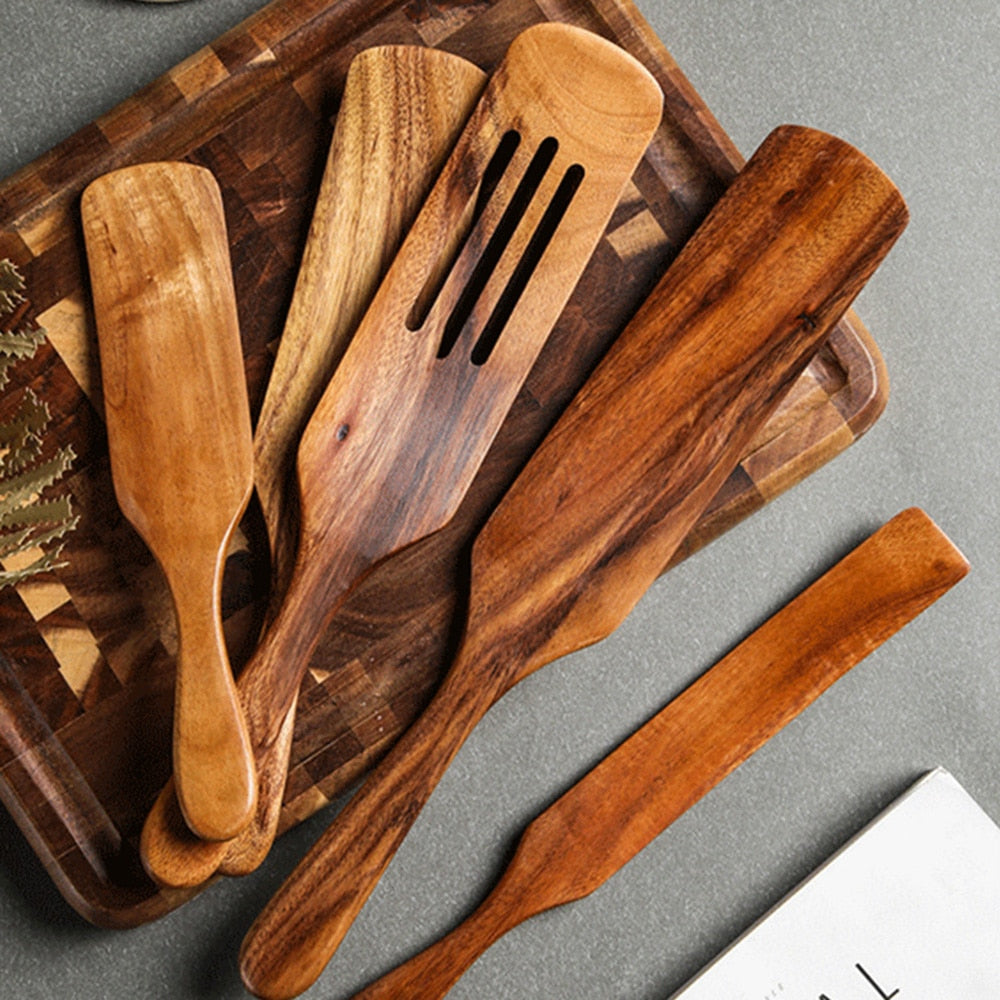 1-7pcs/set Teak natural wood tableware spoons