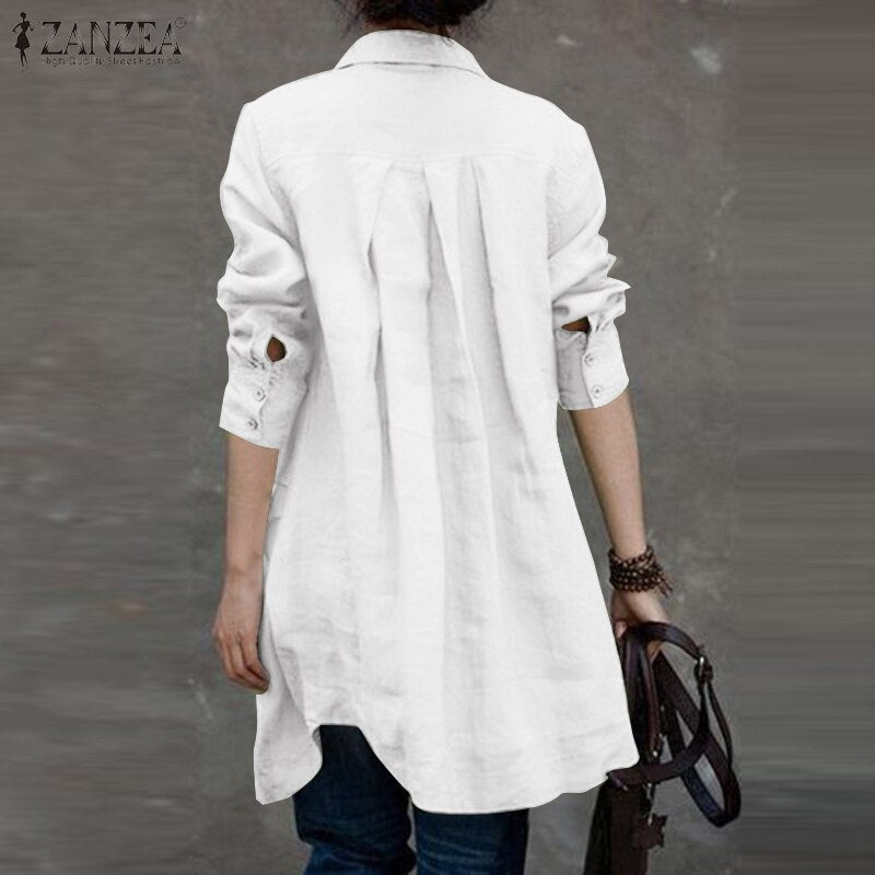Women's Irregular Blouse ZANZEA 2023 Fashion Solid Shirts Casual Long Sleeve Blusas Female Button Pleated Tunic Tops Oversized