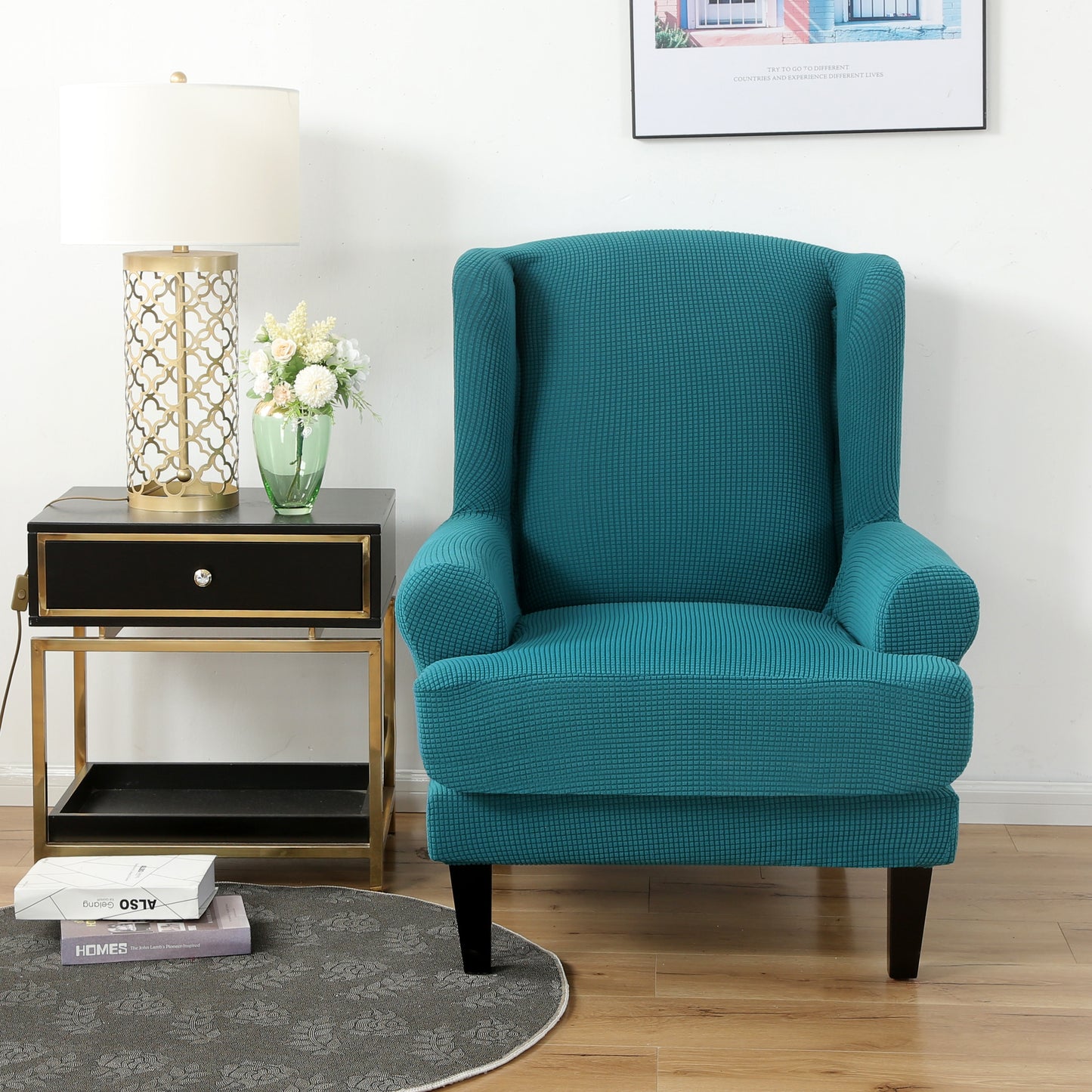 Wing back Chair Cover Jacquard Spandex Stretch Slipcovers for office Chairs Stylish 2 Piece Set With Elastic Band