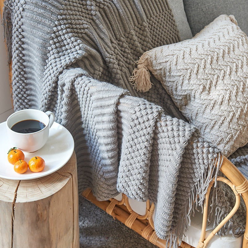 3D Knitted Blanket With Tassel Solid Color Sofa Blanket Cover Nordic Home Decor Throw Blanket For Bed Portable Breathable Shawl