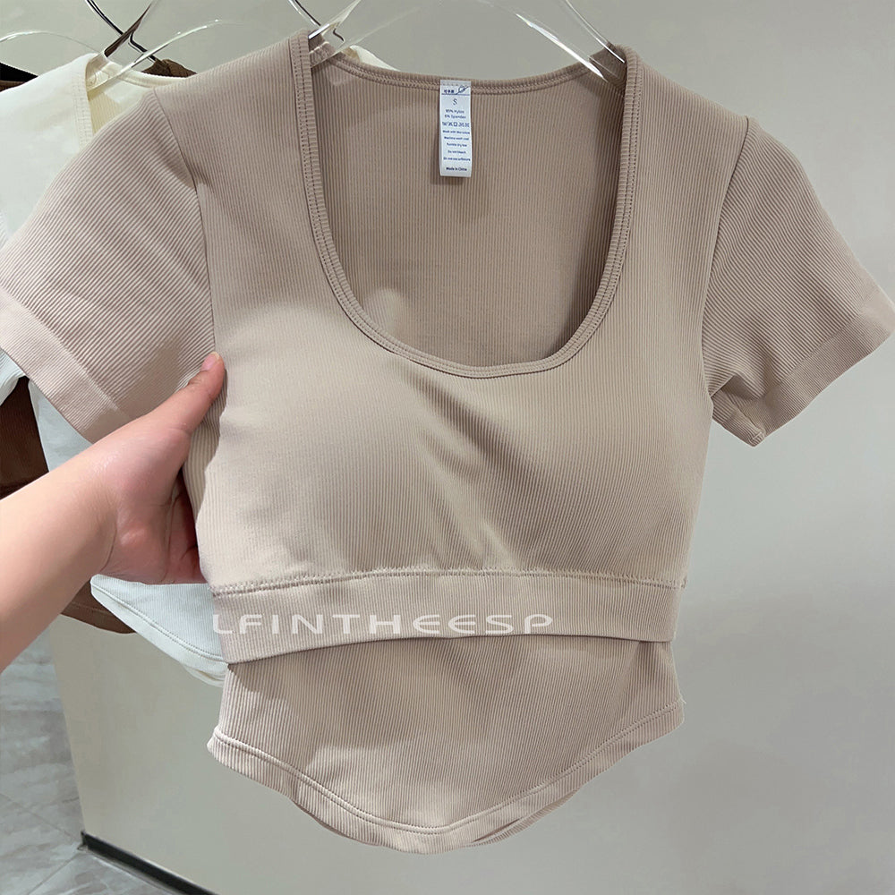 Lulu Yoga Clothes with Chest Pad Women's 2023 New Arrived Fancy Sports Top Short Sleeve Professional Running Workout T-shirt