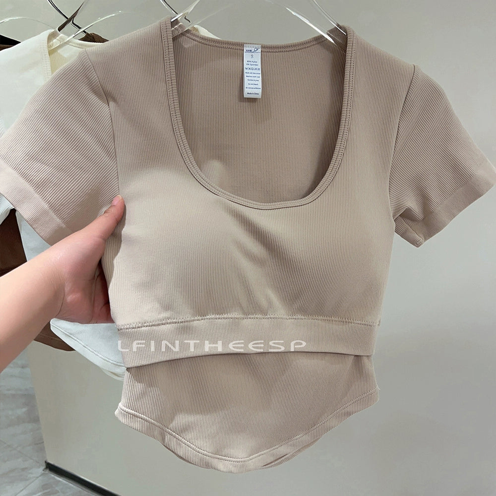 Lulu Yoga Clothes with Chest Pad Women's 2023 New Arrived Fancy Sports Top Short Sleeve Professional Running Workout T-shirt