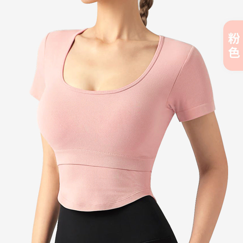 Lulu Yoga Clothes with Chest Pad Women's 2023 New Arrived Fancy Sports Top Short Sleeve Professional Running Workout T-shirt