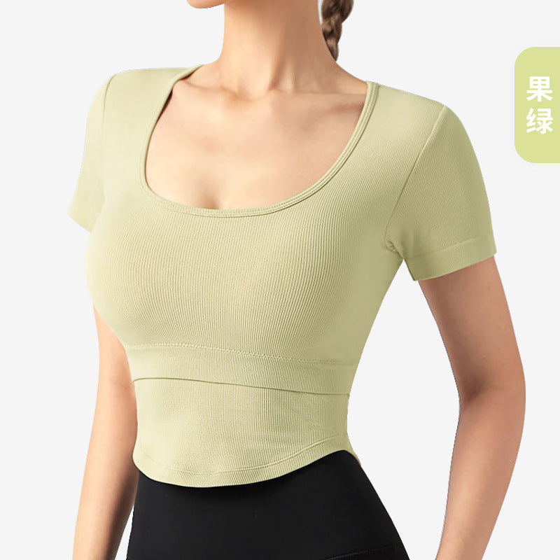 Lulu Yoga Clothes with Chest Pad Women's 2023 New Arrived Fancy Sports Top Short Sleeve Professional Running Workout T-shirt