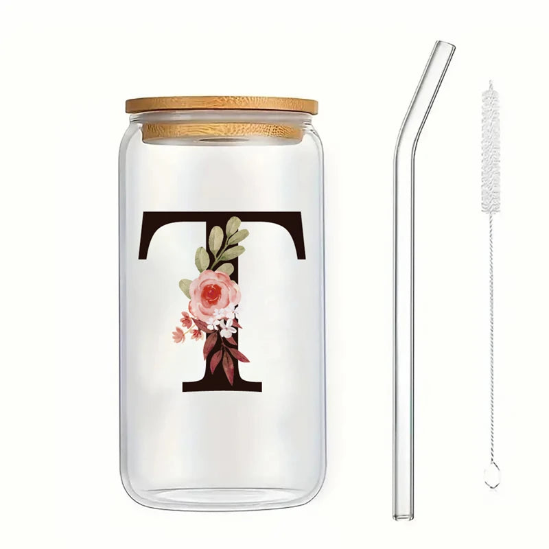 Alphabet Flowers Drinking Glass Letter A-Z Iced Coffee Water Juice Bottle Portable Clear Cup with Lid Straw Brush Birthday Gifts