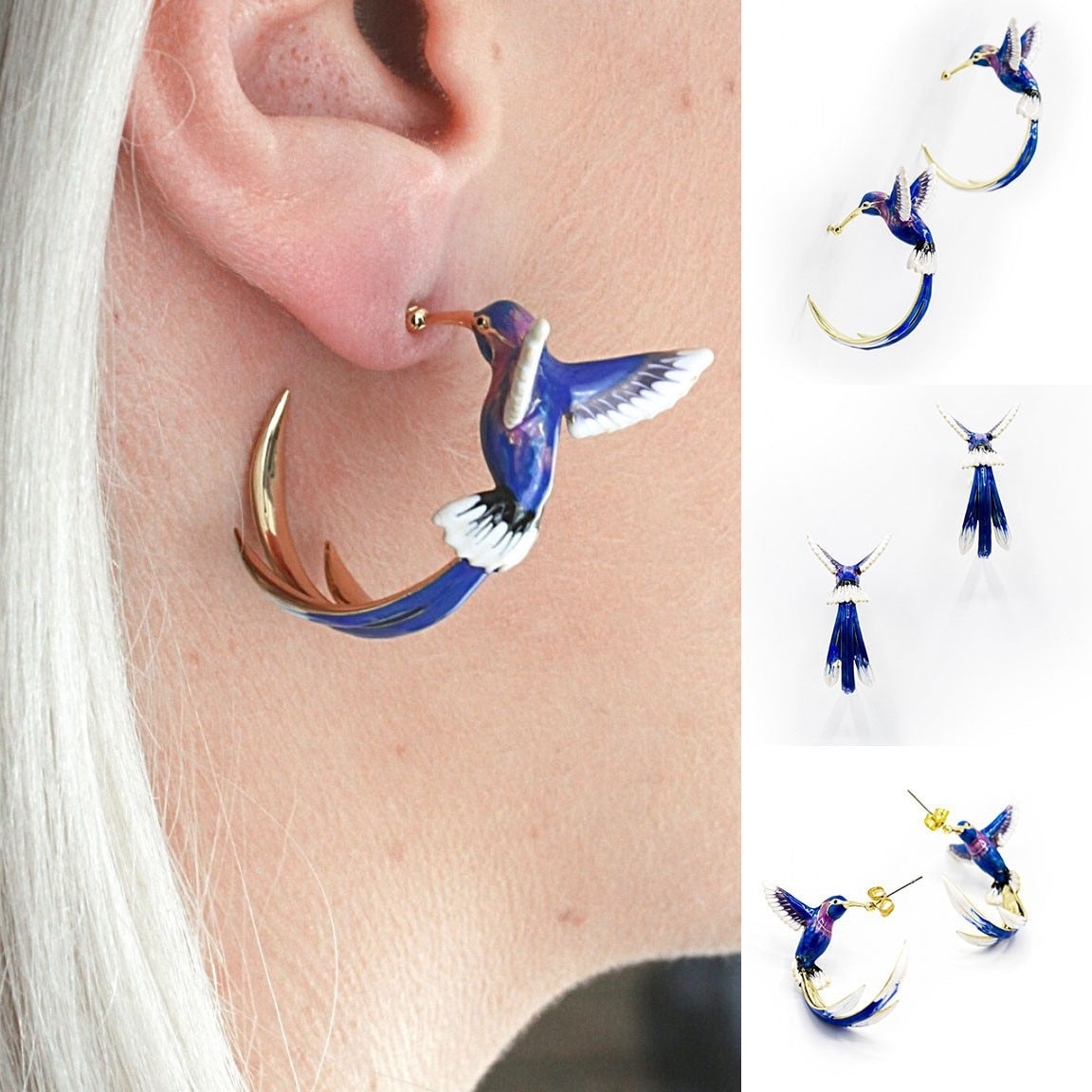Cute Hummingbird Shape Oil Drop Earrings New Fashion Temperament Silver Needle Earrings Niche Design Green Purple Jewelry