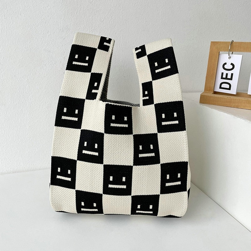 Knit Handbag Women Wrist Bag Korean Casual Wide Stripe Plaid Tote Bag Foldable Eco Shopping Bag Reusable Grocery Storage Bag