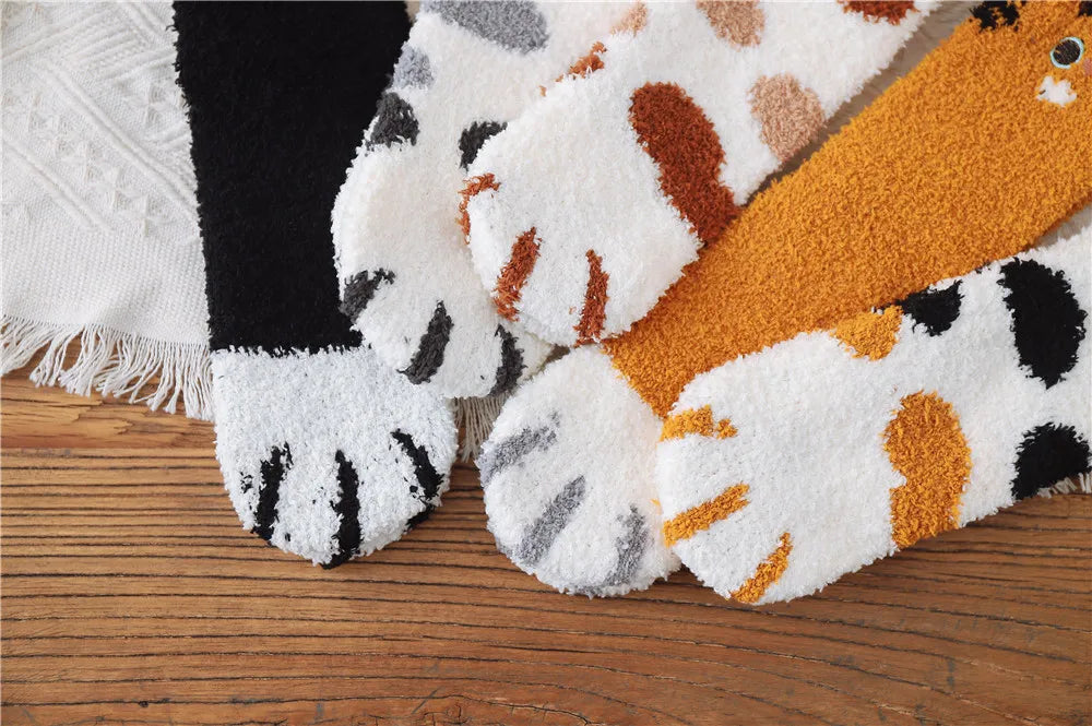 5 Pairs New Three-dimensional Ear Embroidery Cat Claw Coral Fleece Socks Cartoon Cat Confinement Warm Women Sleeping Socks