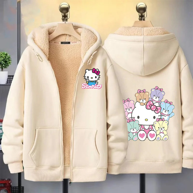 Hello Kitty Women Zip Up Hoodies Winter Fleece Hooded Sweatshirt Cute Cartoon Pullover Female Outerwear Sport Coat Streetwear