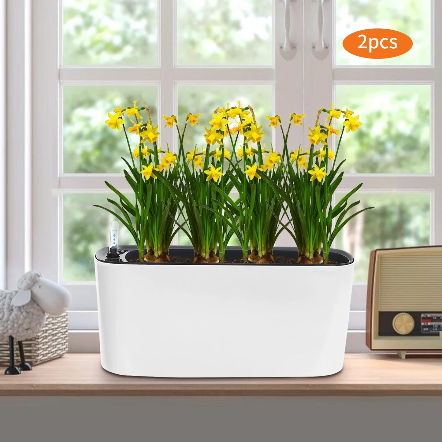 2 Sets of White Self-Watering Plastic Garden Pots Self Watering Planter Plants Flower Pot