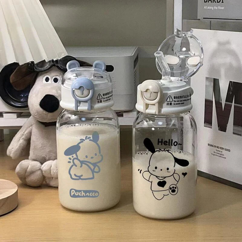 600ML Sanrio Hello Kitty Pochacco Transparent Straw Cup Anime Cartoon Kuromi Cinnamoroll For Kid Kawaii Bottle Water Cup Gifts