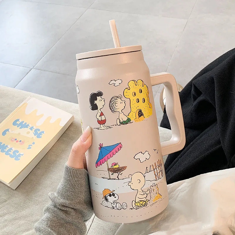MINISO Snoopy Insulated Cup Large Capacity Straw Water Cup Black Portable Stainless Steel Cup Children'S Travel Cup
