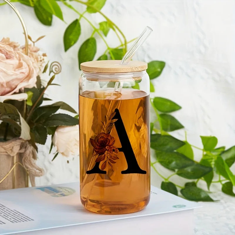 Alphabet Flowers Drinking Glass Letter A-Z Iced Coffee Water Juice Bottle Portable Clear Cup with Lid Straw Brush Birthday Gifts