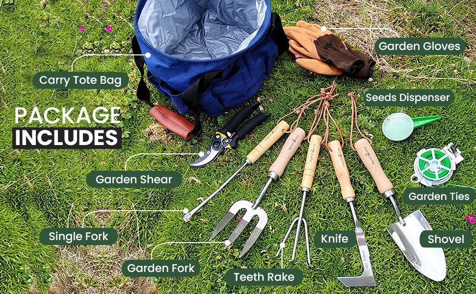 Garden Tools Set – Premium Stainless Steel Gardening Hand Tools with Solid Beechwood Handle – Gardening Kit with Rake, Shovel