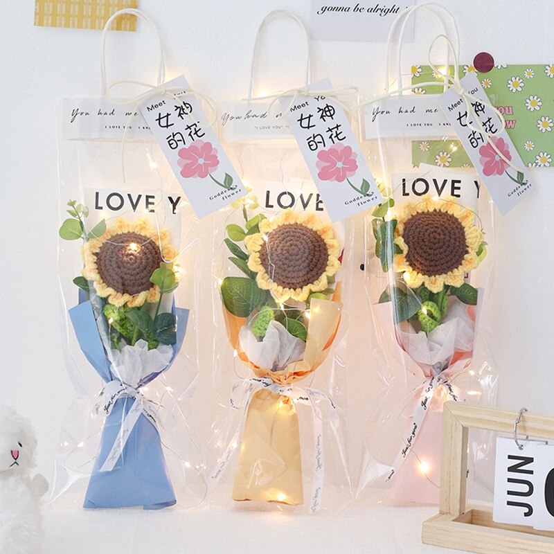 Colorful Crochet Flowers Bouquet Cotton Artificial Flowers Wedding Party Decors Ins Hand Woven Flowers Mother's Day Gift 꽃다발