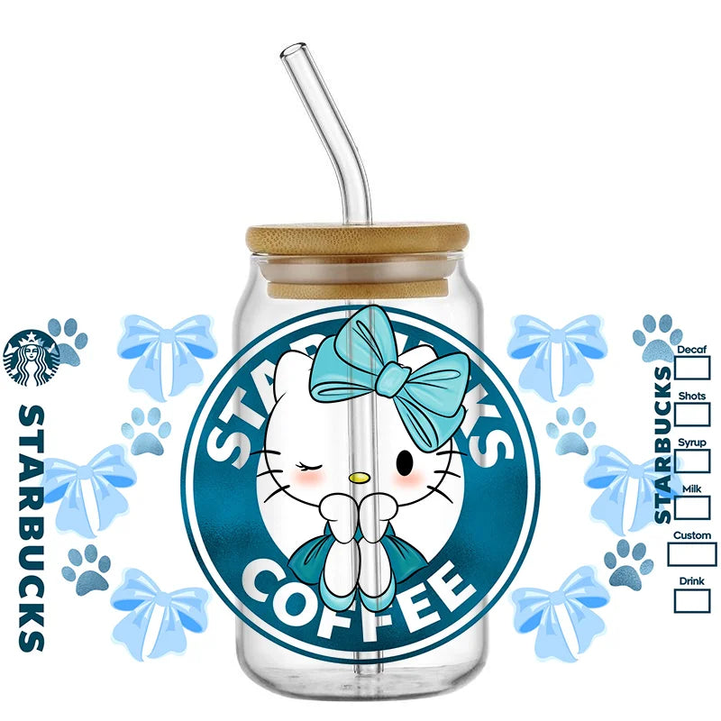 Miniso Cartoon cute cat For Libbey 16oz Can Glass 3D Waterproof UV DTF Coffee Can Wrap Libbey Glass Wrap