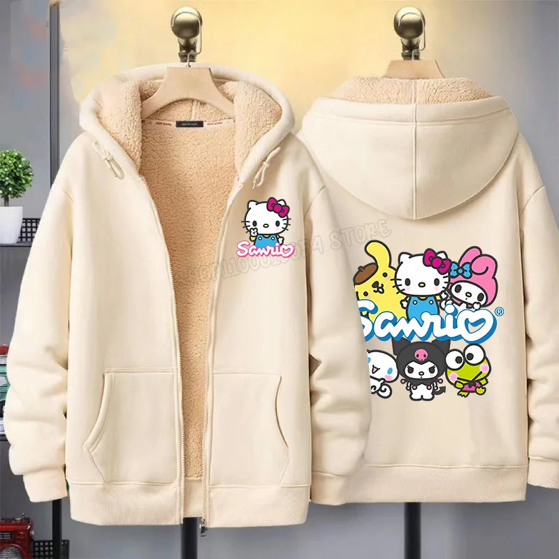 Hello Kitty Women Zip Up Hoodies Winter Fleece Hooded Sweatshirt Cute Cartoon Pullover Female Outerwear Sport Coat Streetwear
