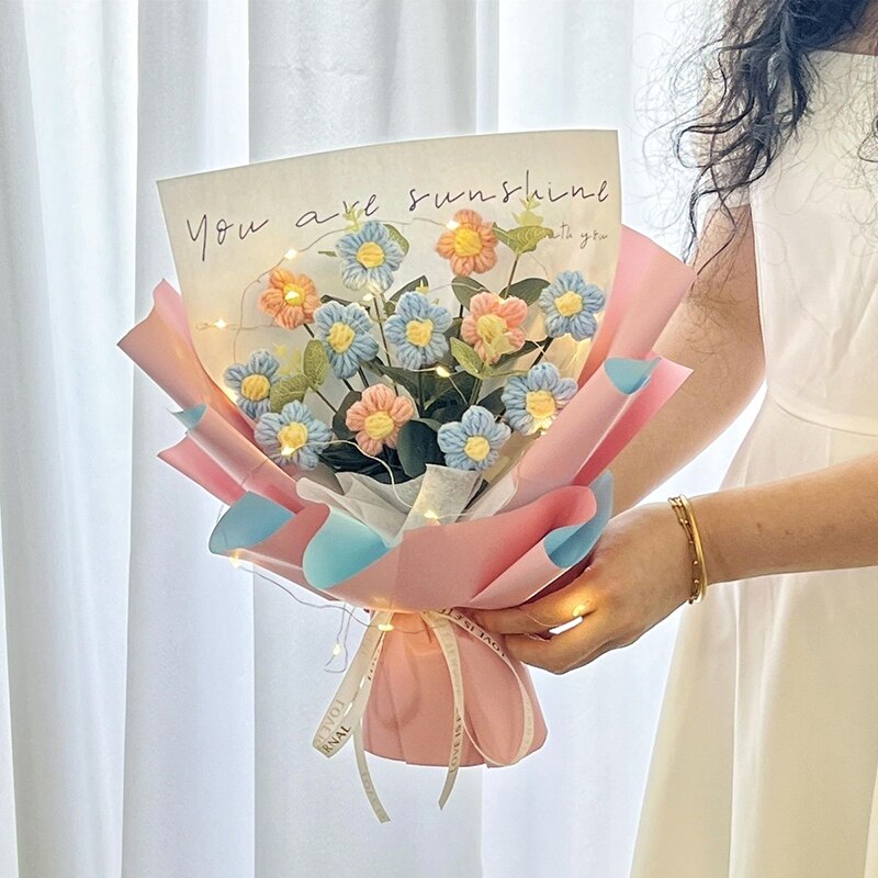 Colorful Crochet Flowers Bouquet Cotton Artificial Flowers Wedding Party Decors Ins Hand Woven Flowers Mother's Day Gift 꽃다발