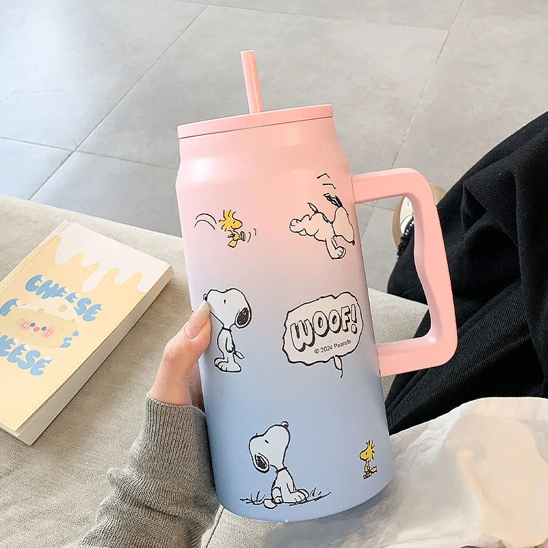 MINISO Snoopy Insulated Cup Large Capacity Straw Water Cup Black Portable Stainless Steel Cup Children'S Travel Cup