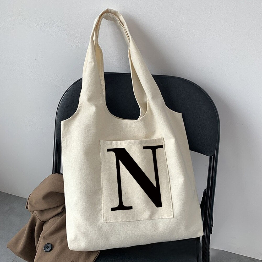 Women Fashion Shopping Bag Street Casual Hobo Commuter Bag Initial Name Graphic Print Beige Ladies Tote Bag Canvas Repeatable