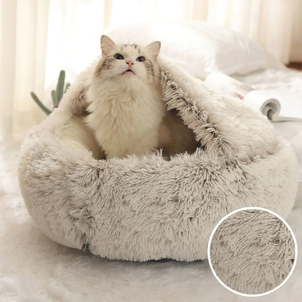 Warm Long Plush Pet Bed Enclosed Round Cat Cushion Comfortable Sleep Bag Cat Nest Kennel For Small Pet