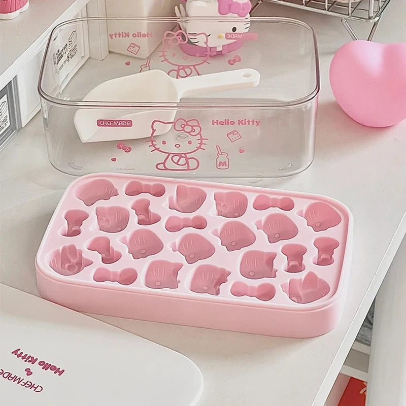 Kawaii Pink 3D Hello Kitty Silicone Press Ice Tray Mold Cute Charm Home Refrigerator Ice Storage Box Birthday Gift