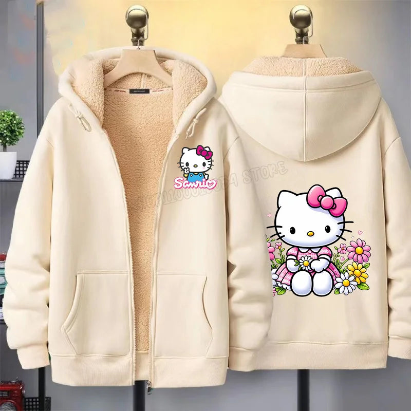 Hello Kitty Women Zip Up Hoodies Winter Fleece Hooded Sweatshirt Cute Cartoon Pullover Female Outerwear Sport Coat Streetwear