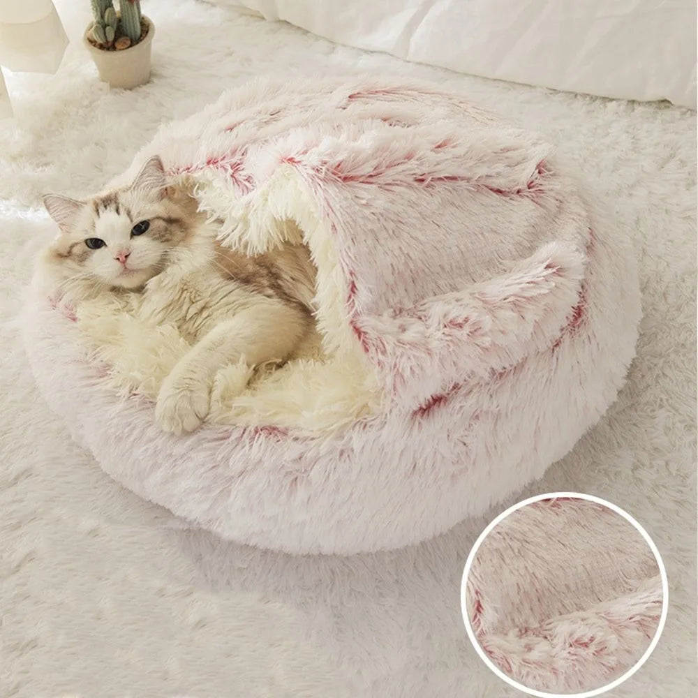 Warm Long Plush Pet Bed Enclosed Round Cat Cushion Comfortable Sleep Bag Cat Nest Kennel For Small Pet