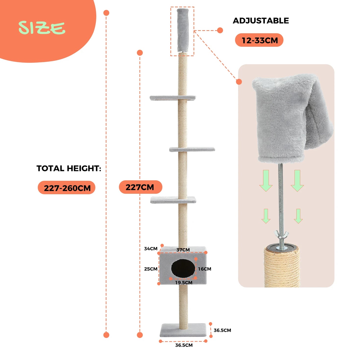 H239-275cm Cactus Cat Tree Floor to Ceiling for Indoor Cat 5-level Adjustable Tall Tower Natural Thicken Scratching Post Hummock
