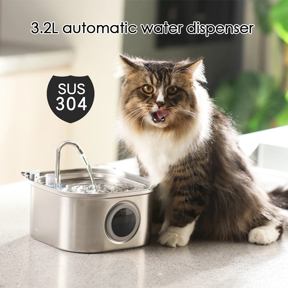 Transparent Window Cat Water Dispenser with sensor 3.2L/108oz Super Quiet& Pets Auto Filter Stainless Steel Cats Water Fountain