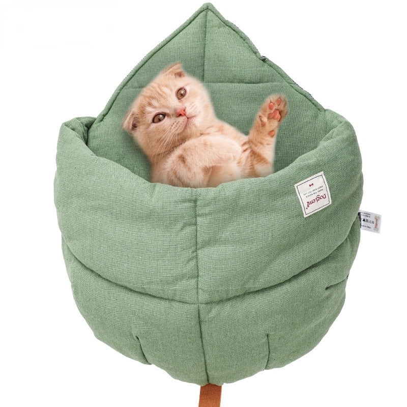 Cat Sleeping Bag, Linen Fabric Cat Bed Cave Leaf Nest, Soft Pet Bed with Non-Slip Bottom for Indoor Puppy and Kitten