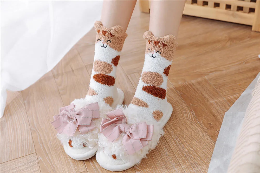 5 Pairs New Three-dimensional Ear Embroidery Cat Claw Coral Fleece Socks Cartoon Cat Confinement Warm Women Sleeping Socks